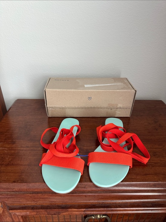 Rothy's Shoes - Rothy's Seafoam Flat Sandals with Red Wrap Straps